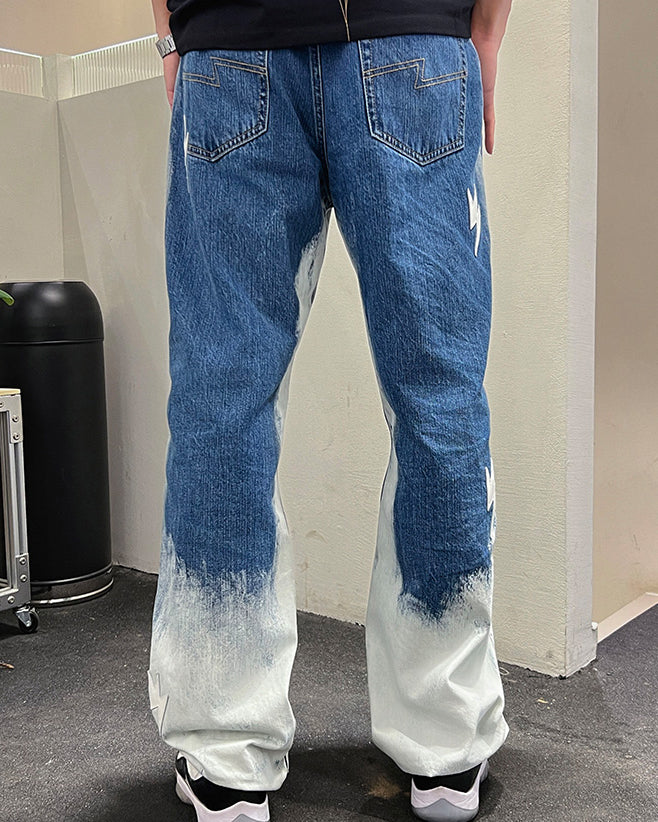 Unisex Bleach Wash Denim Jeans with Lightning Bolt