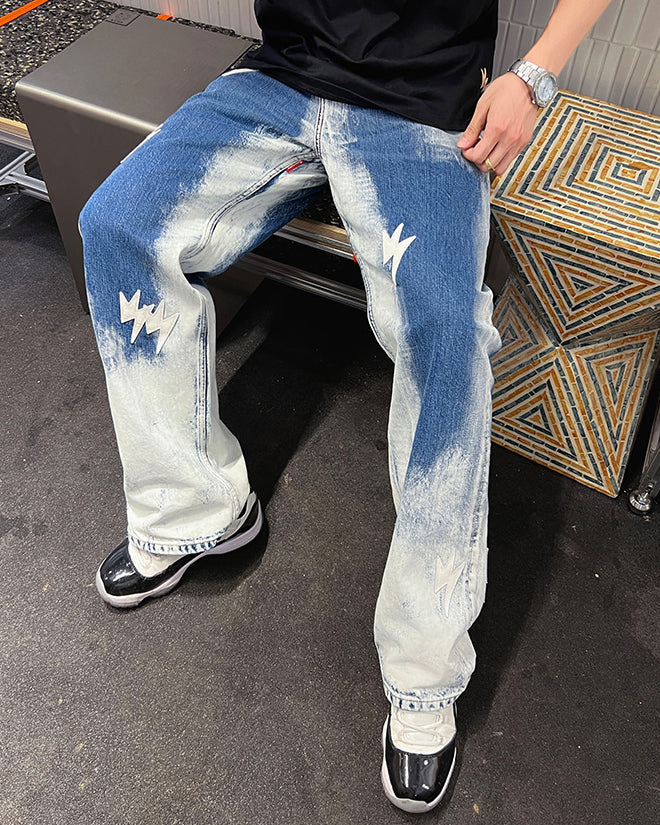 Unisex Bleach Wash Denim Jeans with Lightning Bolt