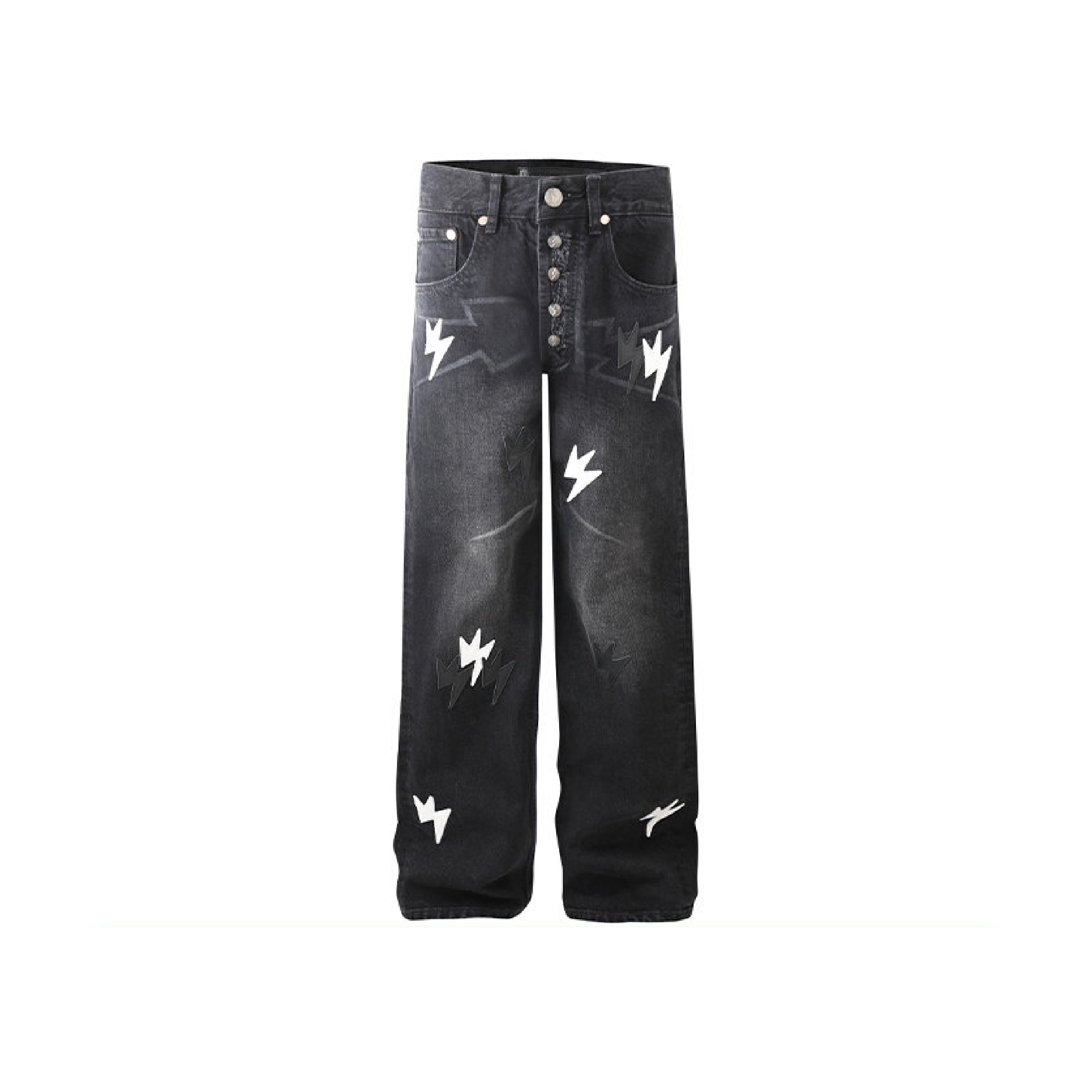 Unisex Lightning Bolt Jeans Black With Button Fly