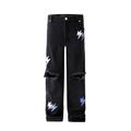 Unisex Lightning Bolt Ripped Jeans Black