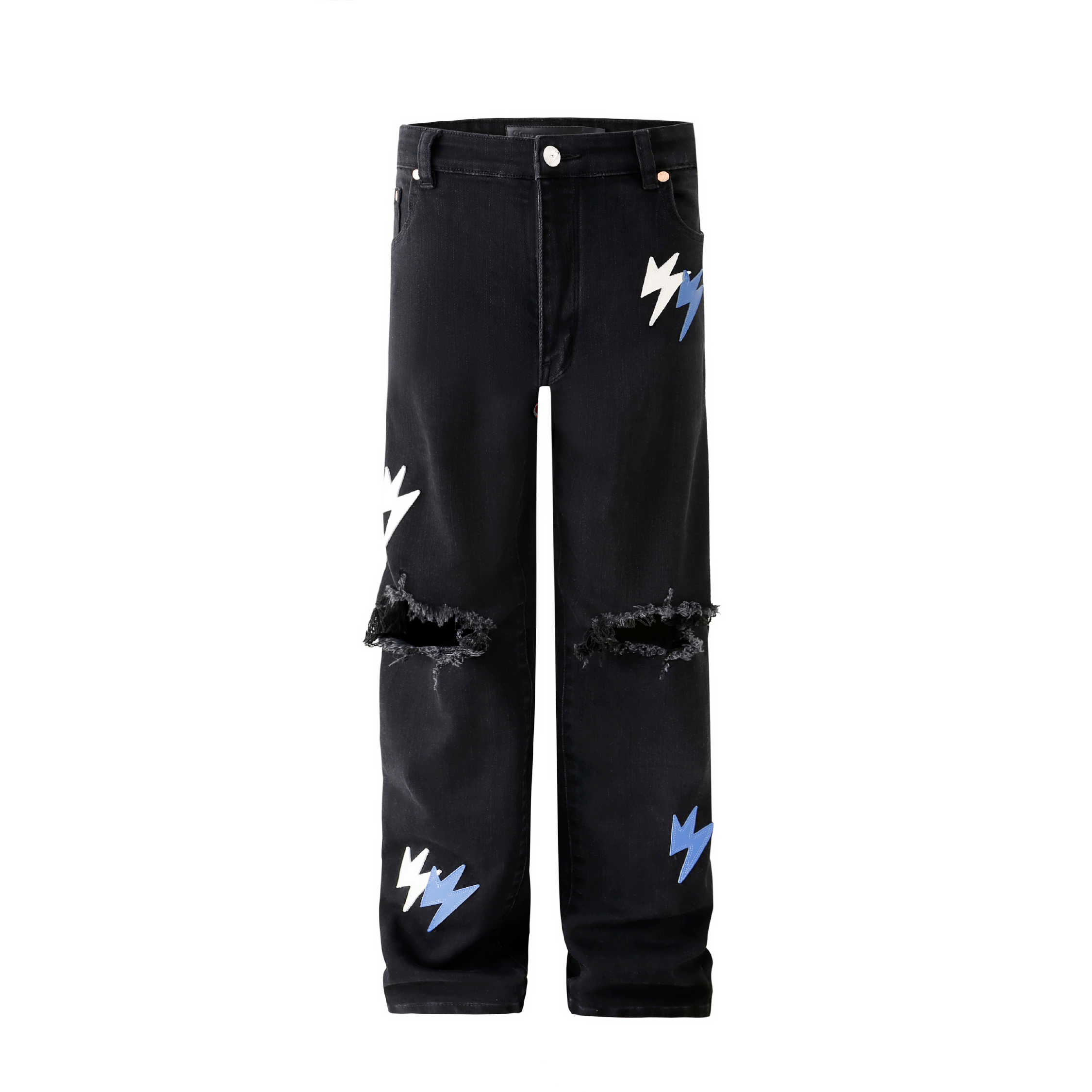Unisex Lightning Bolt Ripped Jeans Black