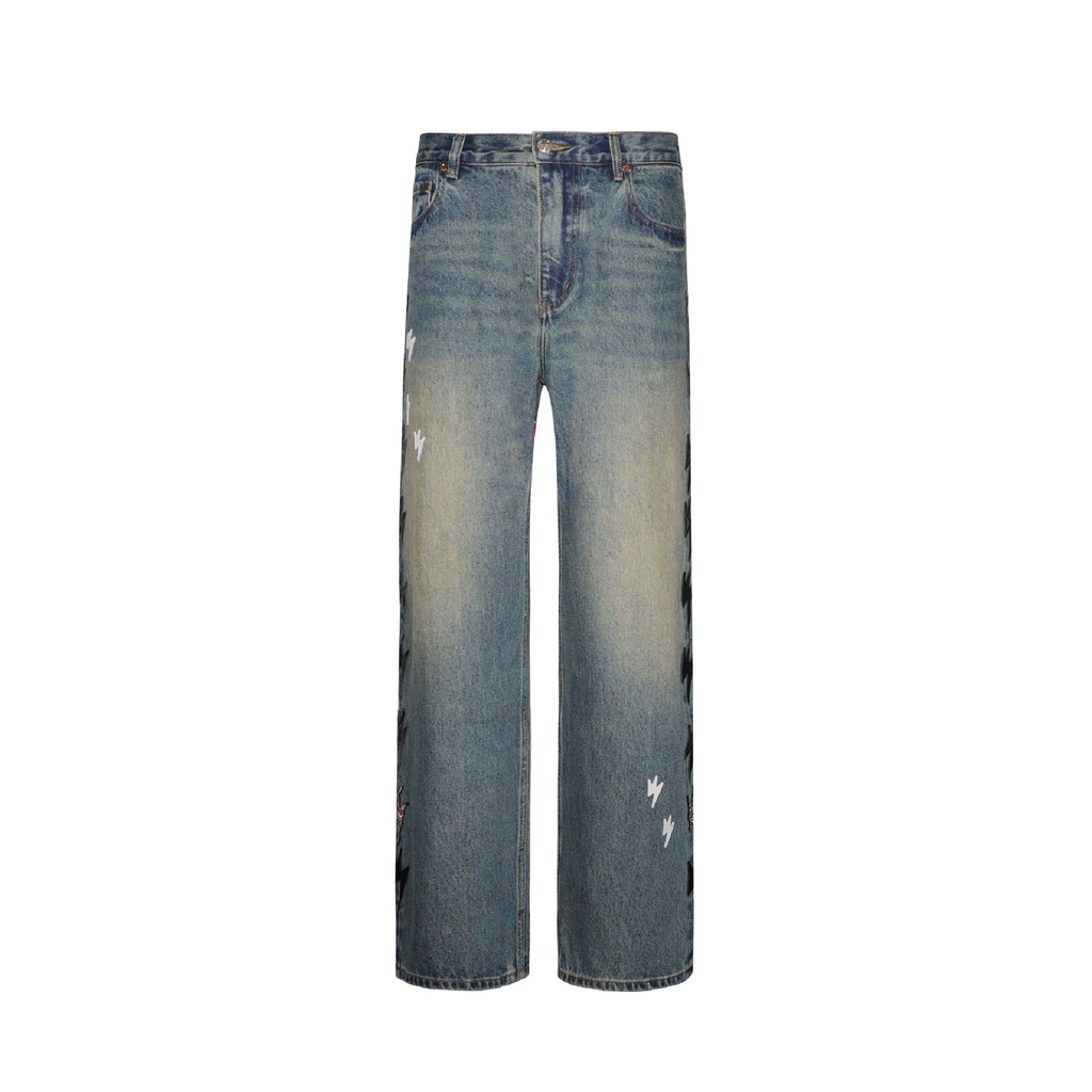 Unisex Black Lightning Bolt Jeans Vintage Medium Wash