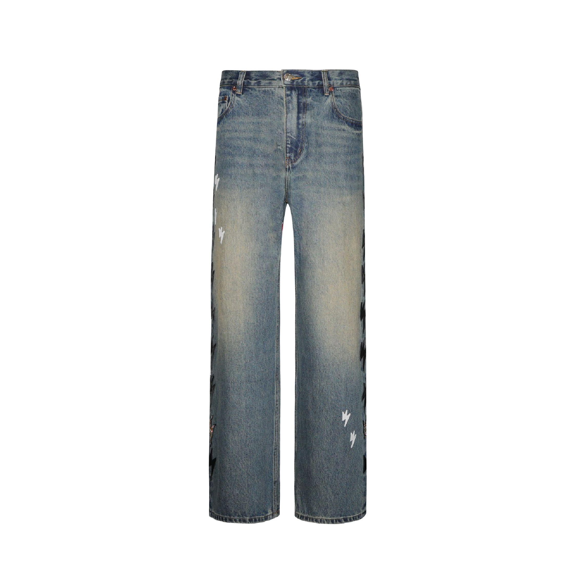 Unisex Black Lightning Bolt Jeans Vintage Medium Wash