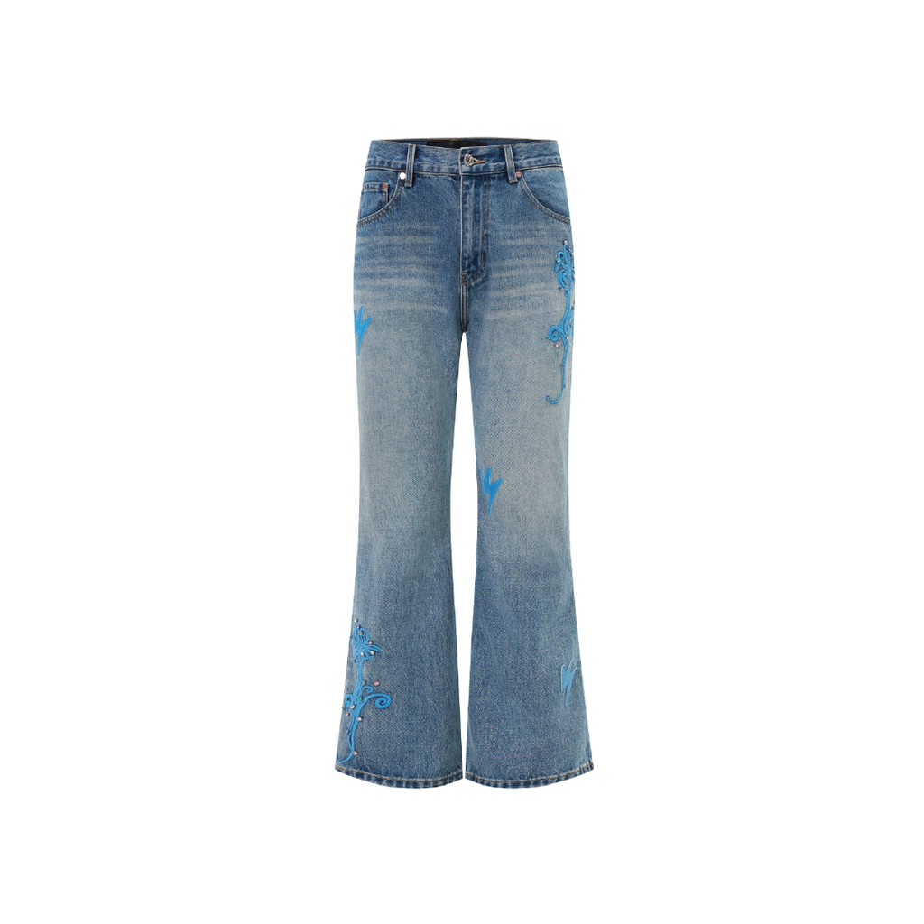 Unisex Floral Patterns Jeans Medium Wash