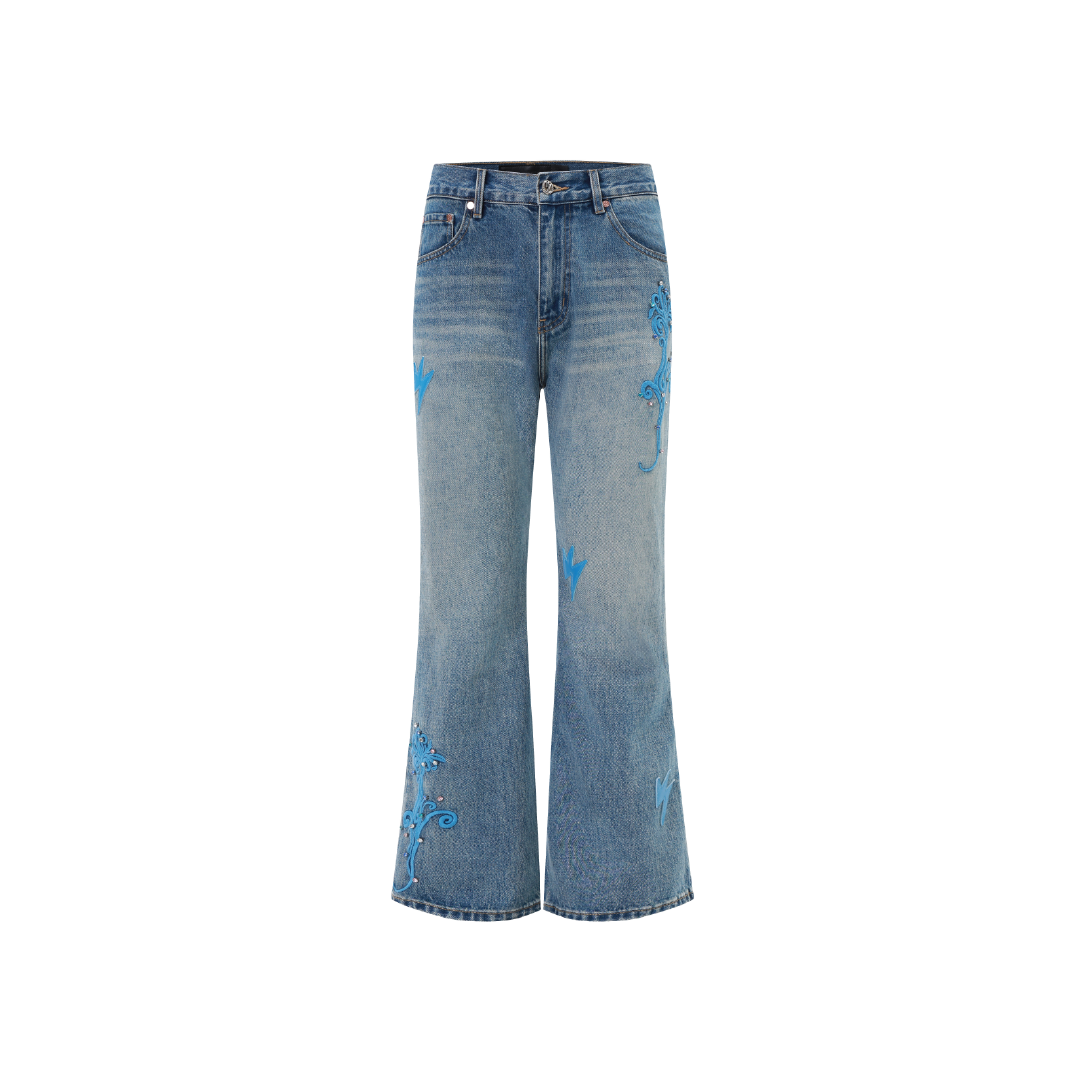 Unisex Floral Patterns Jeans Medium Wash