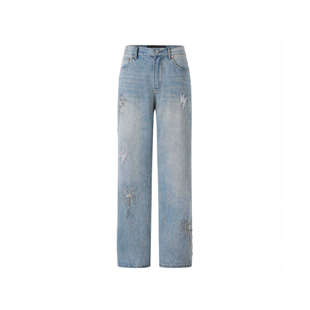 Unisex Beaded Palm Tree Jeans Light Wash
