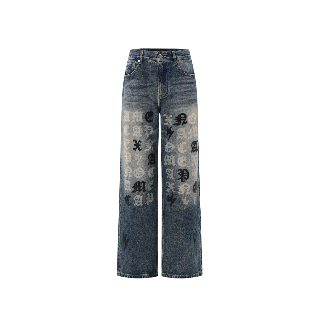 Unisex Logo Print Jeans Vintage Wash
