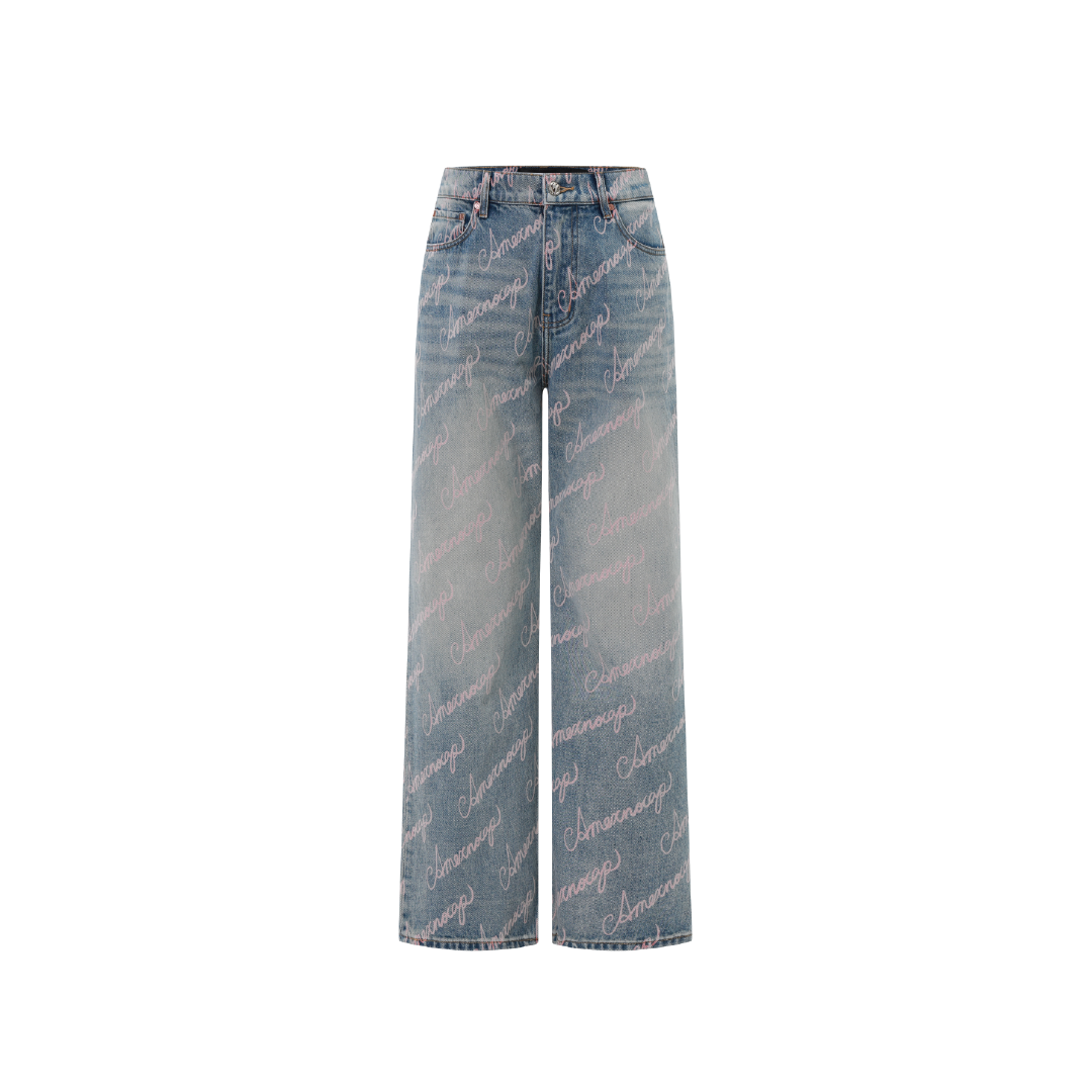 Unisex Full Print Logo Jeans Light Wash