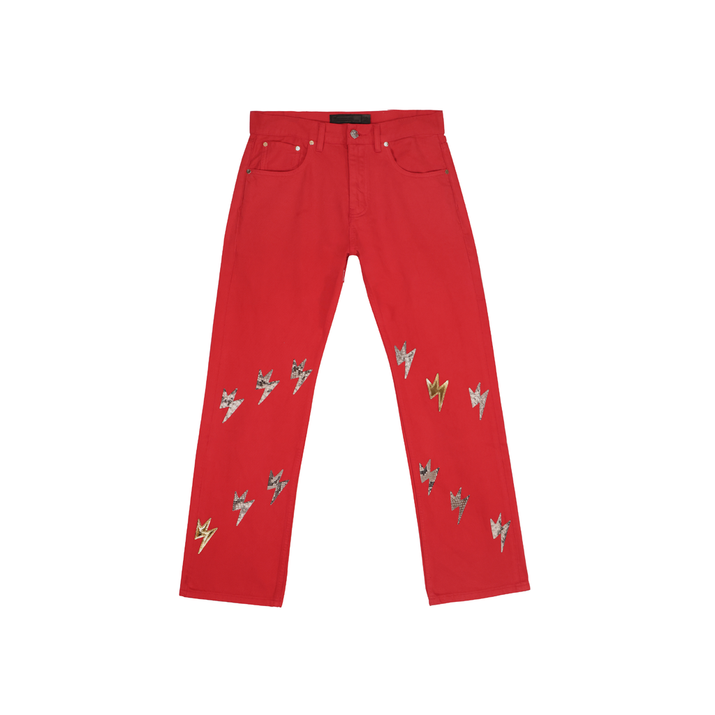 Unisex Snakeskin Lightning Bolt Jeans Red