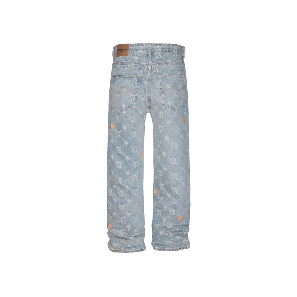 Unisex Full Print Logo Jeans Light Blue