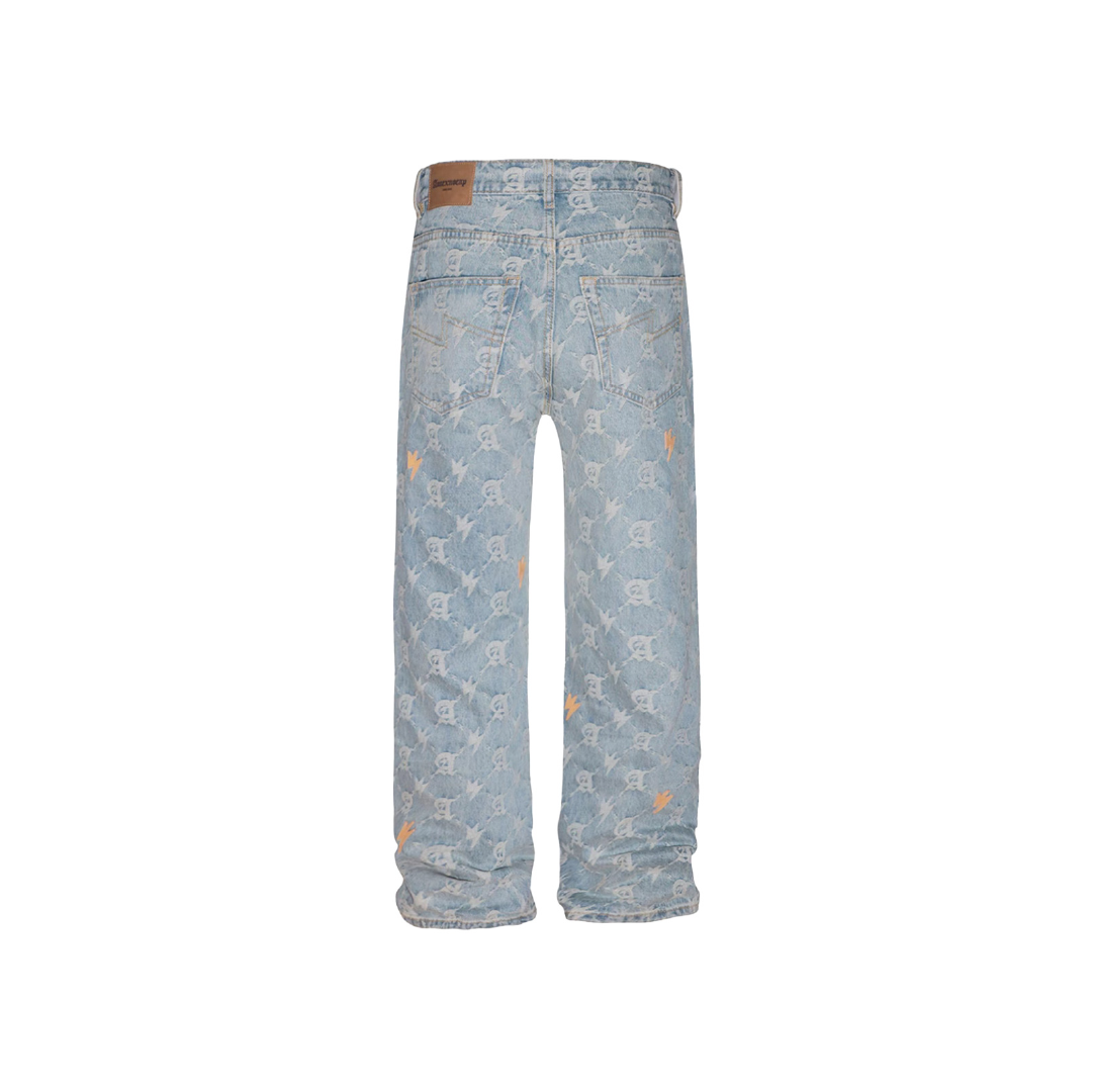 Unisex Full Print Logo Jeans Light Blue