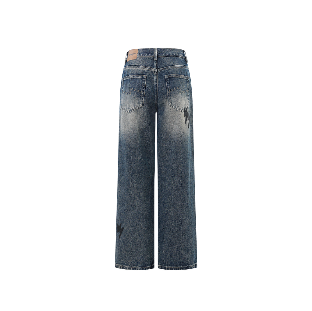 Unisex Logo Print Jeans Vintage Wash
