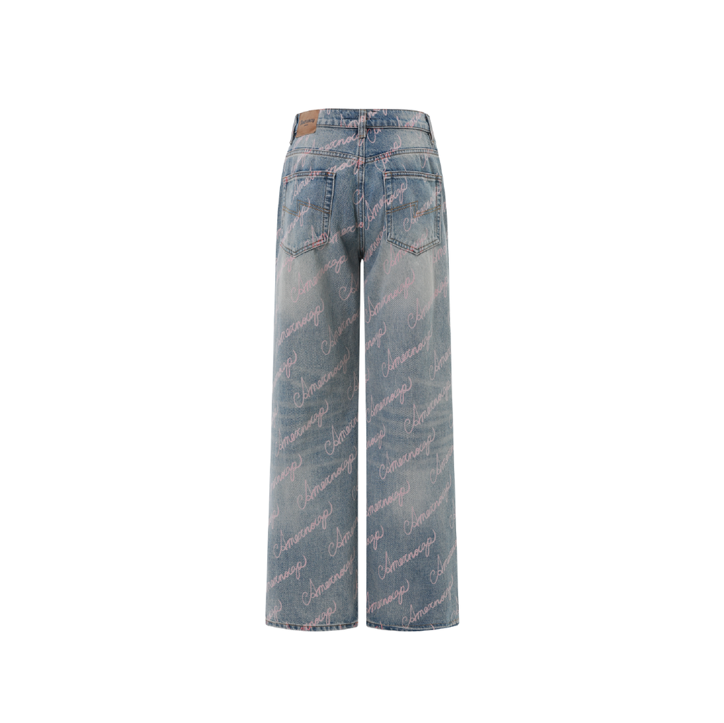 Unisex Full Print Logo Jeans Light Wash