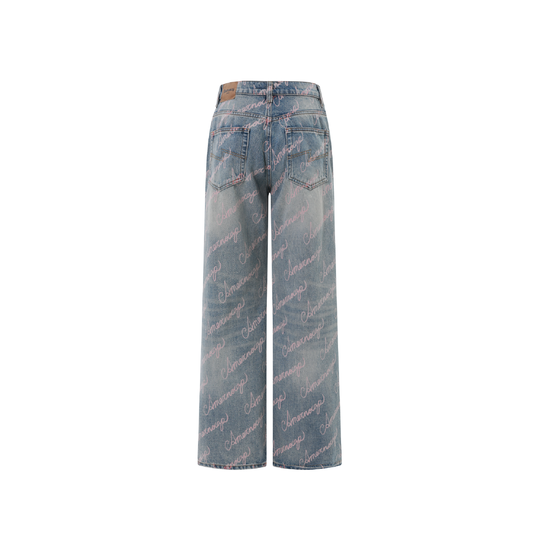 Unisex Full Print Logo Jeans Light Wash