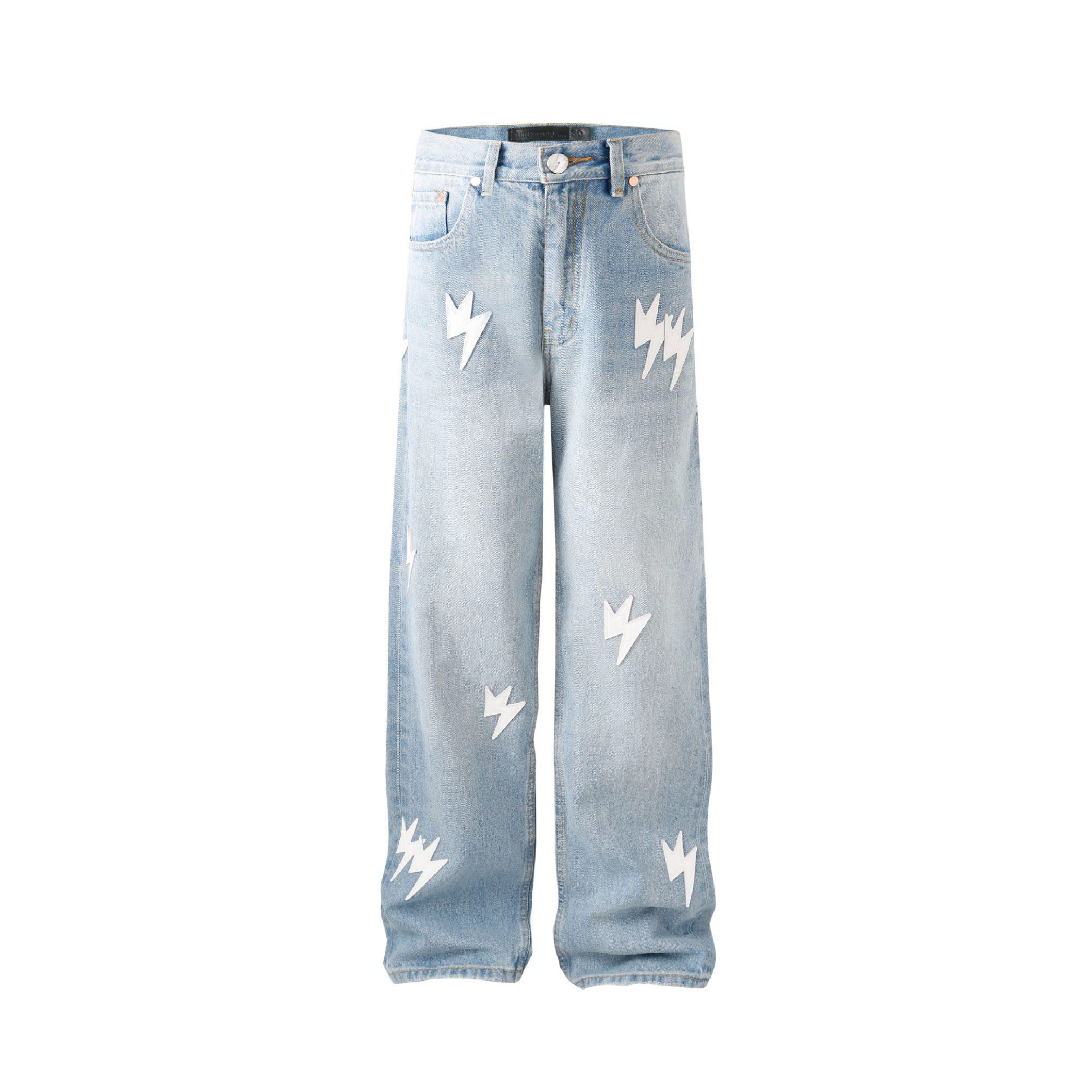 Unisex White Lightning Bolt Jeans Blue