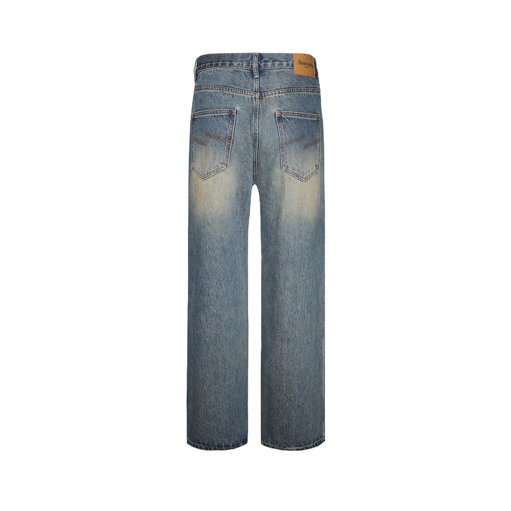 Unisex Black Lightning Bolt Jeans Vintage Medium Wash