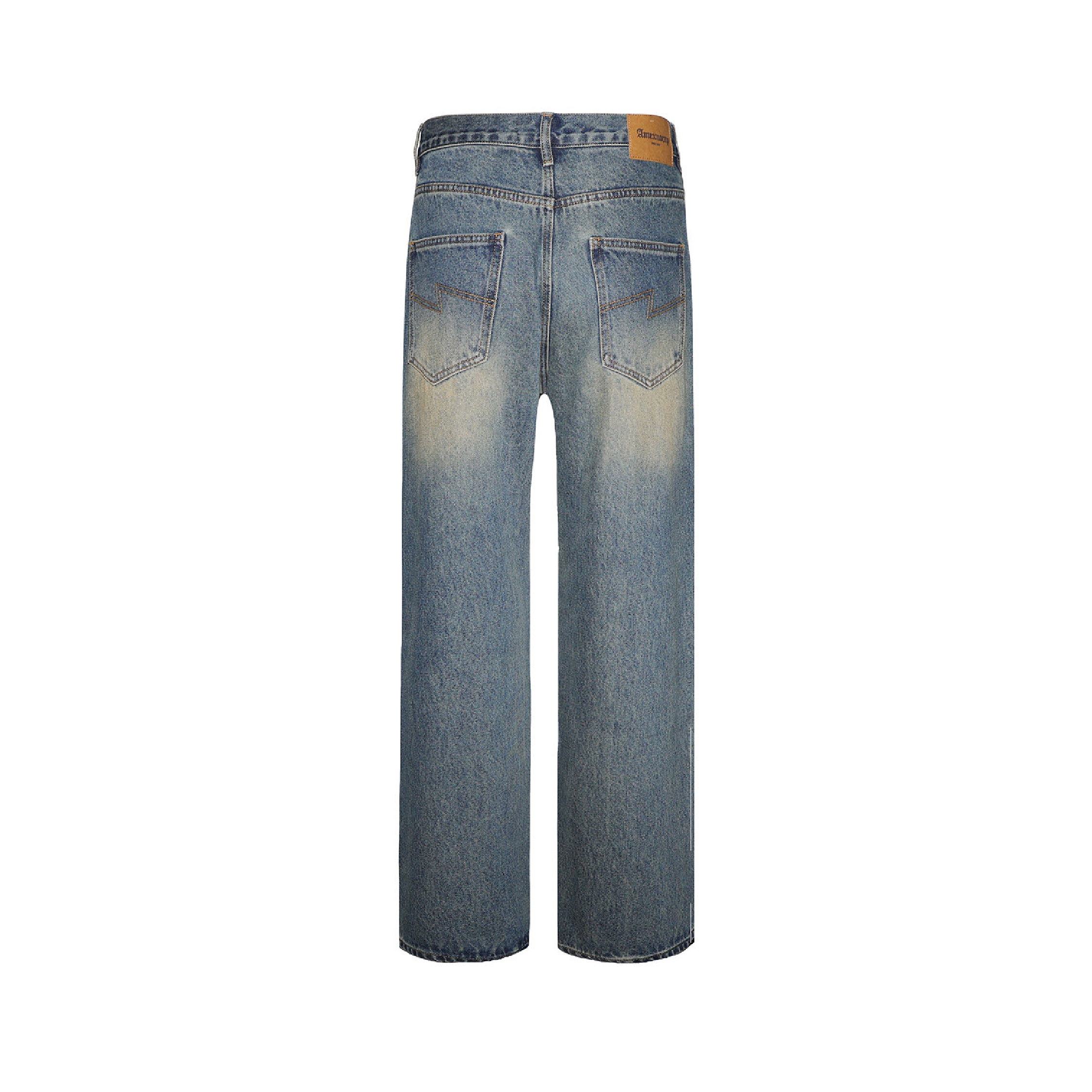 Unisex Black Lightning Bolt Jeans Vintage Medium Wash