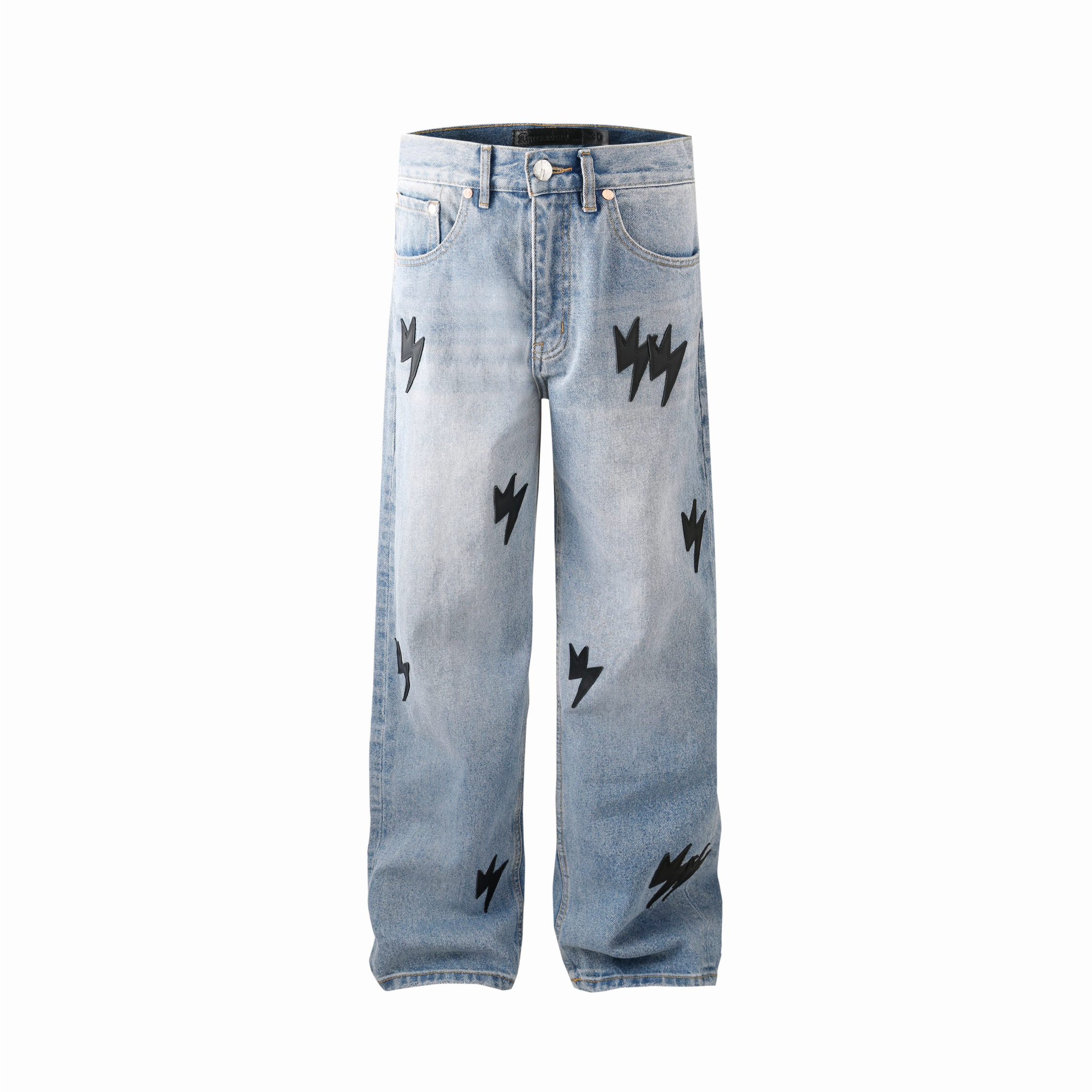 Unisex Black Lightning Bolt Jeans Blue