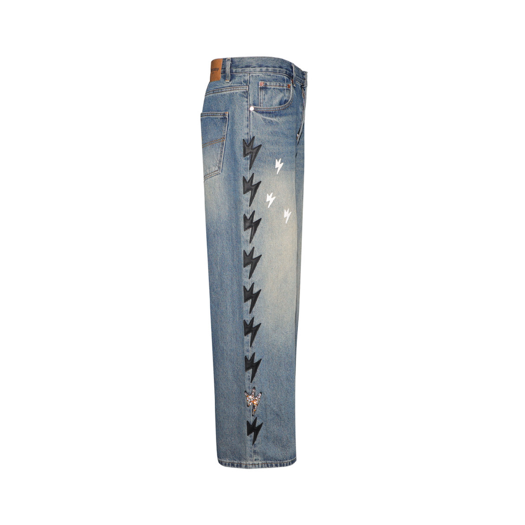 Unisex Black Lightning Bolt Jeans Vintage Medium Wash