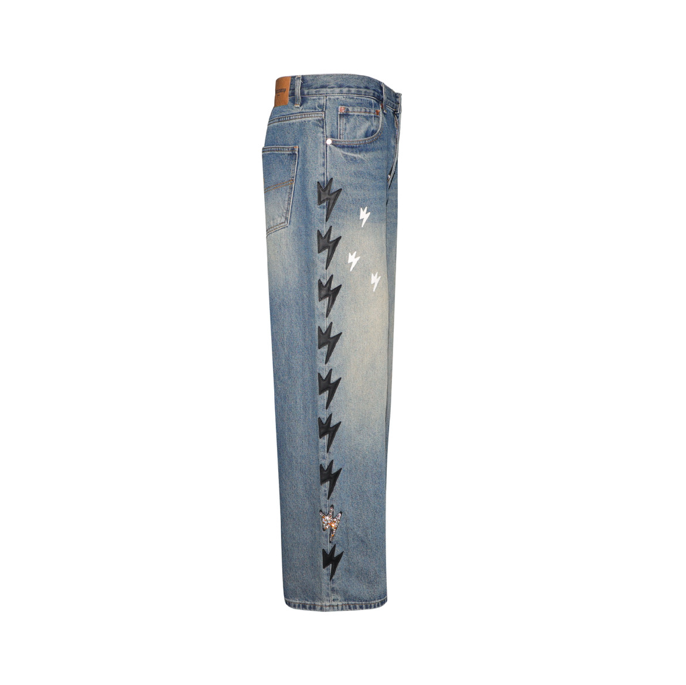 Unisex Black Lightning Bolt Jeans Vintage Medium Wash