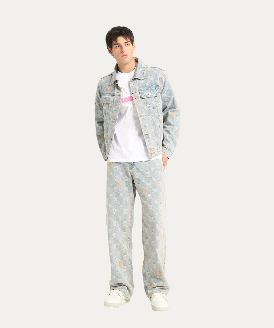 Unisex Full Print Logo Denim Jacket Light Blue