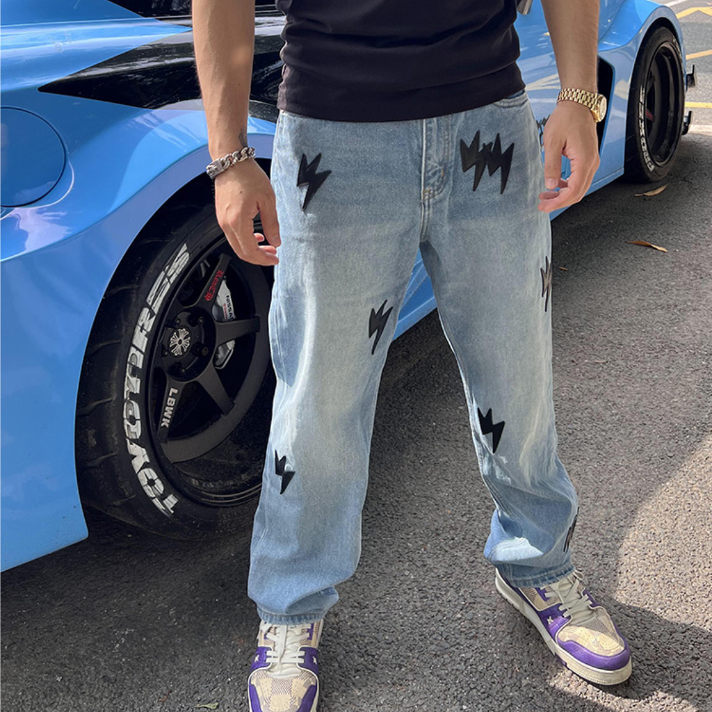 Unisex Black Lightning Bolt Jeans Blue