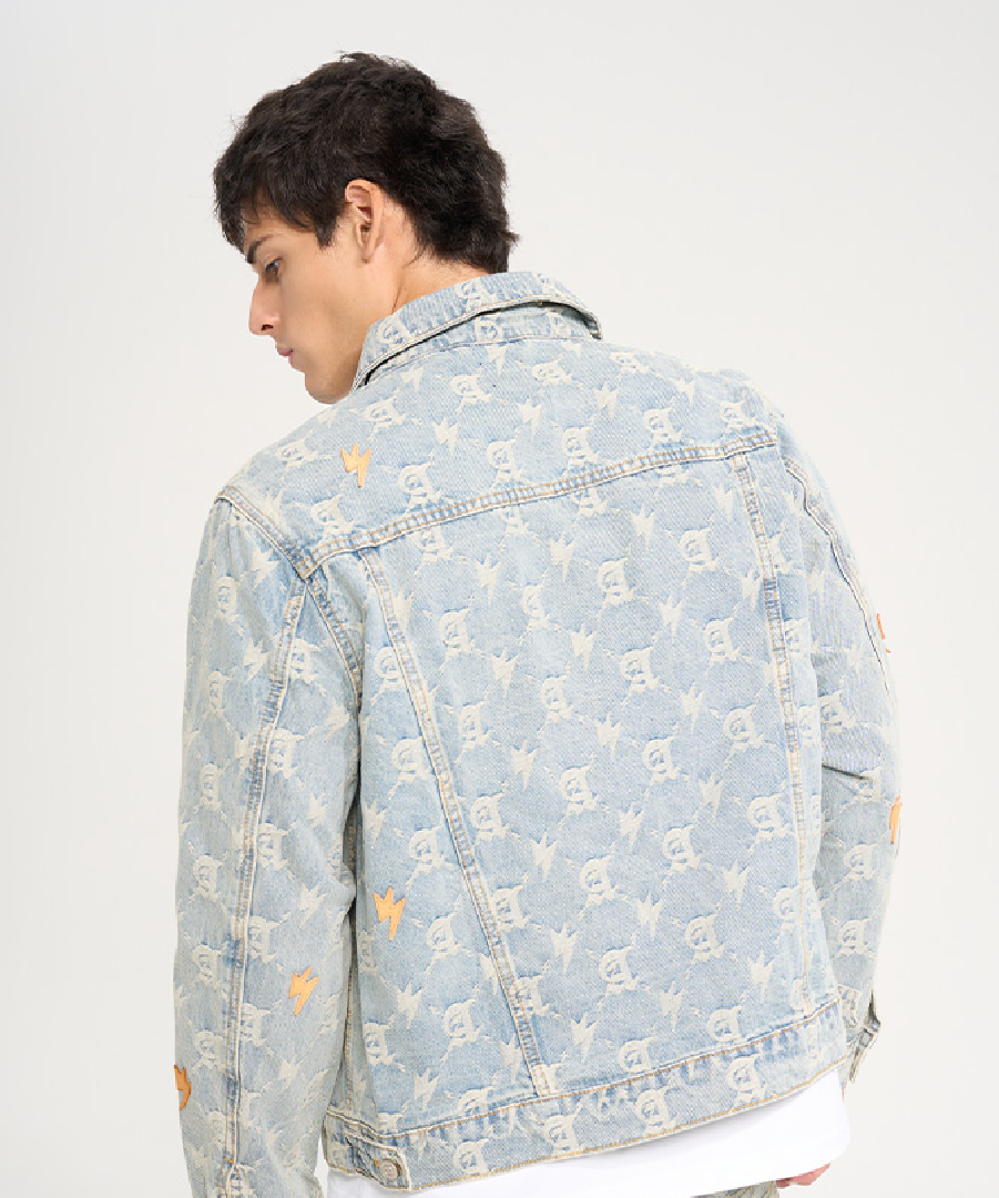 Unisex Full Print Logo Denim Jacket Light Blue