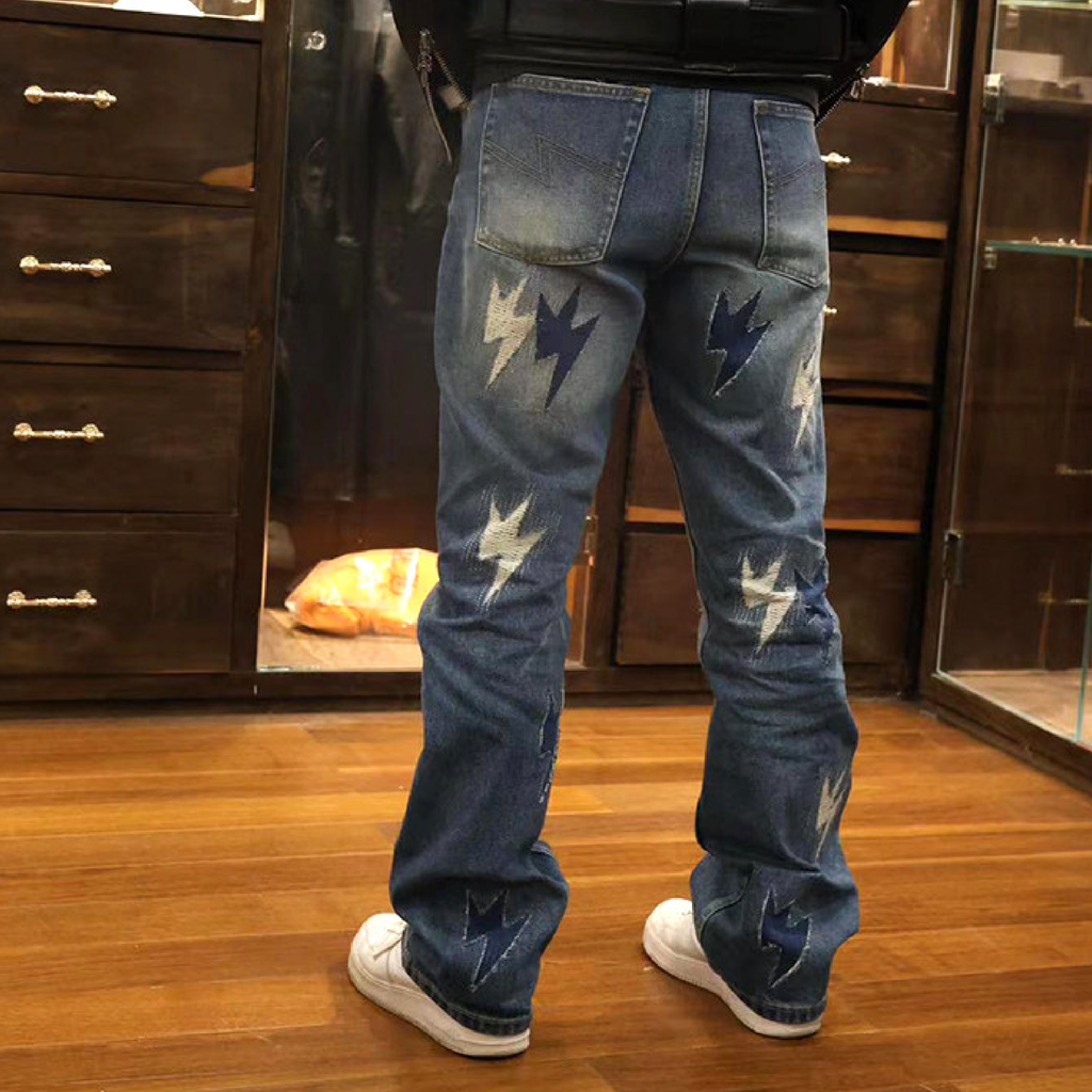 Unisex Lightning Bolt Jeans Medium Wash