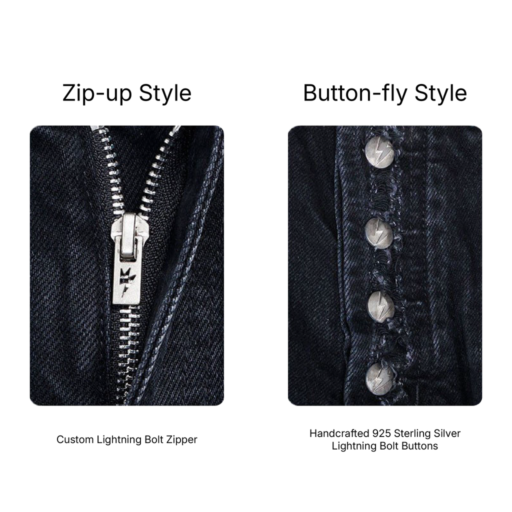 Unisex Lightning Bolt Jeans Black With Button Fly