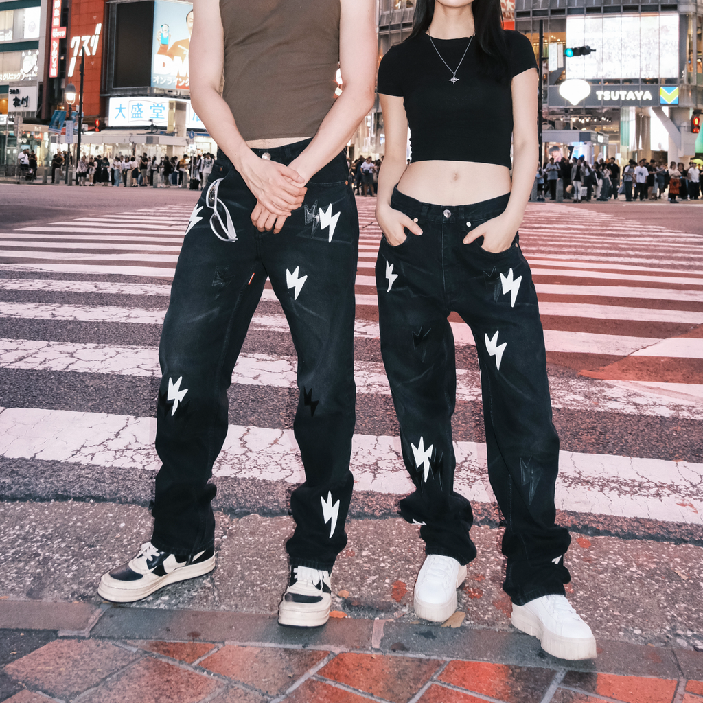Unisex Lightning Bolt Wide-leg Jeans Black
