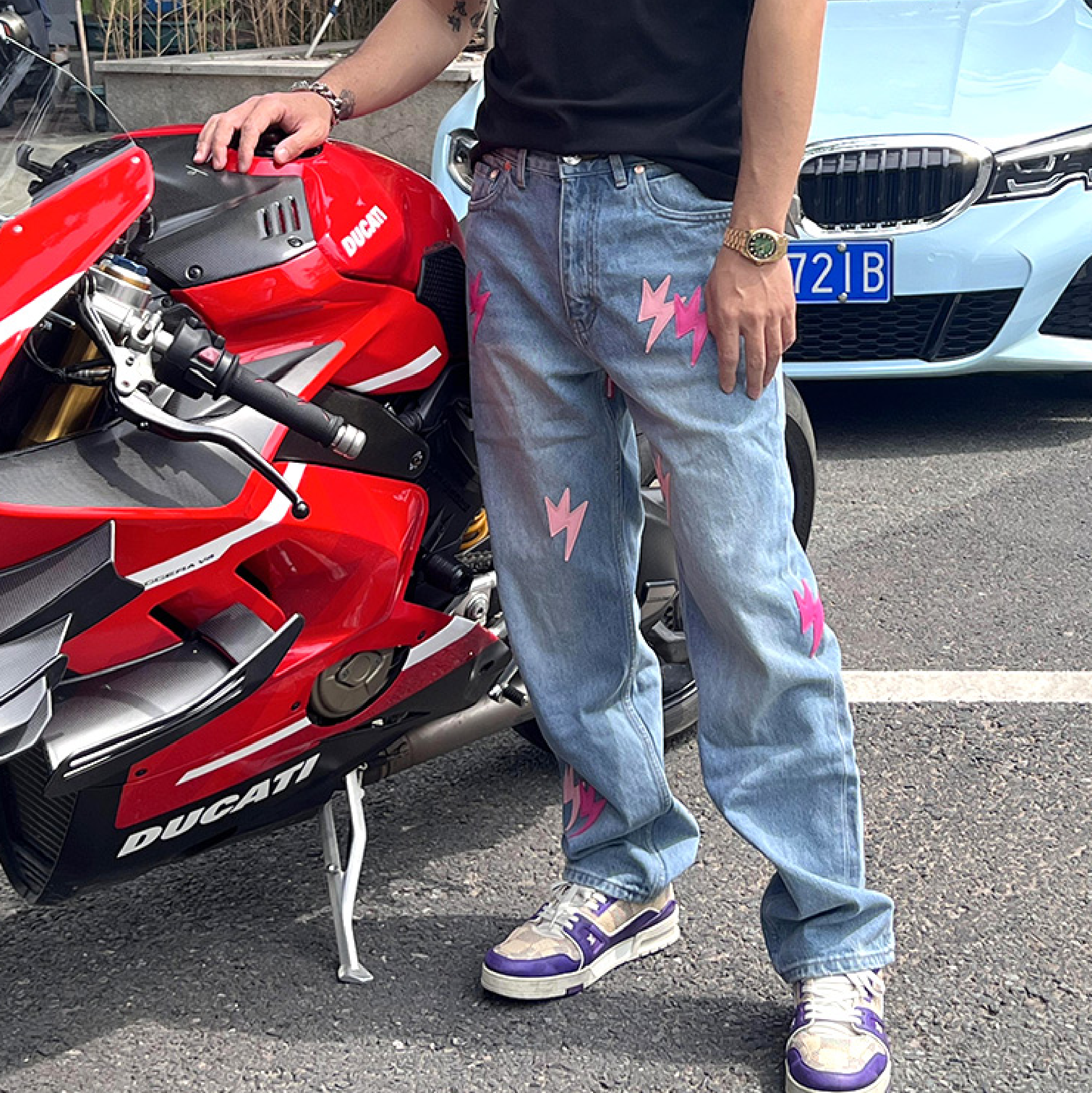 Unisex Pink Lightning Bolt Jeans Blue