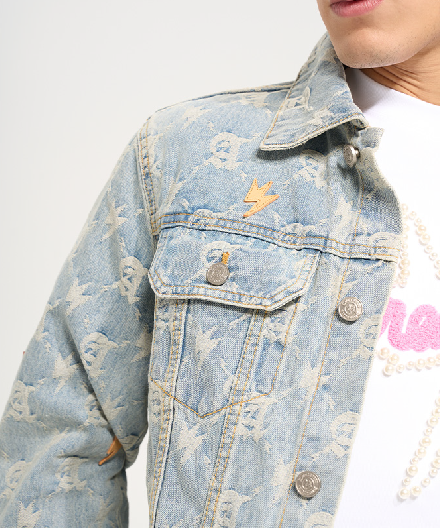 Unisex Full Print Logo Denim Jacket Light Blue