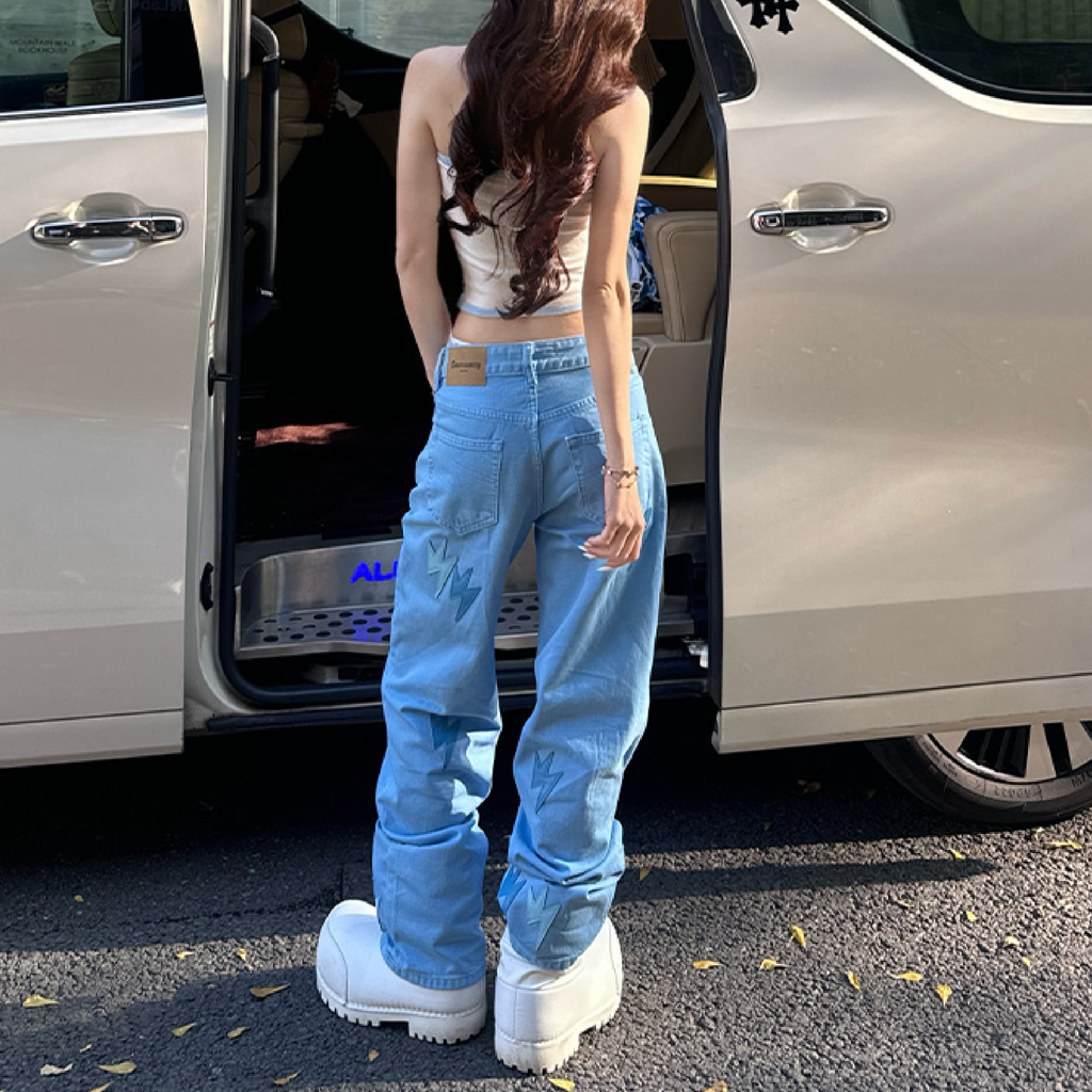 Women Lightning Bolt Jeans Blue