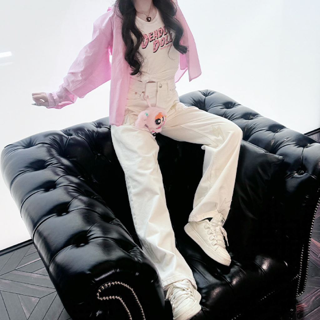 Women Lightning Bolt Jeans White