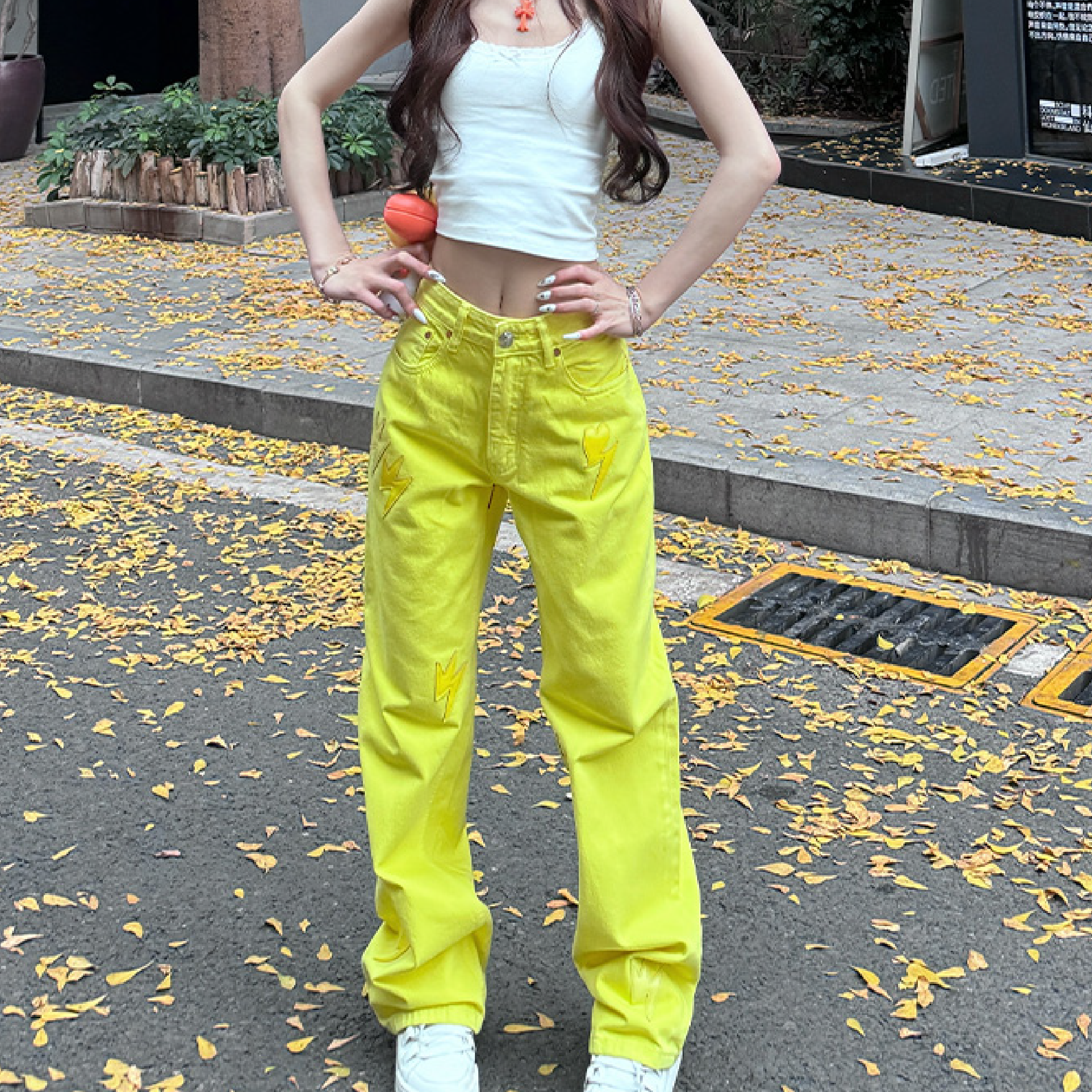 Women Lightning Bolt Jeans Yellow