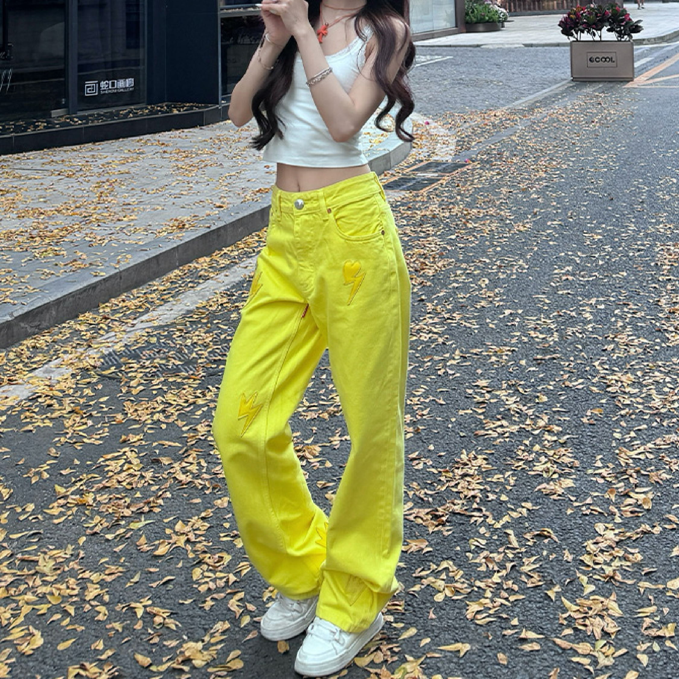Women Lightning Bolt Jeans Yellow