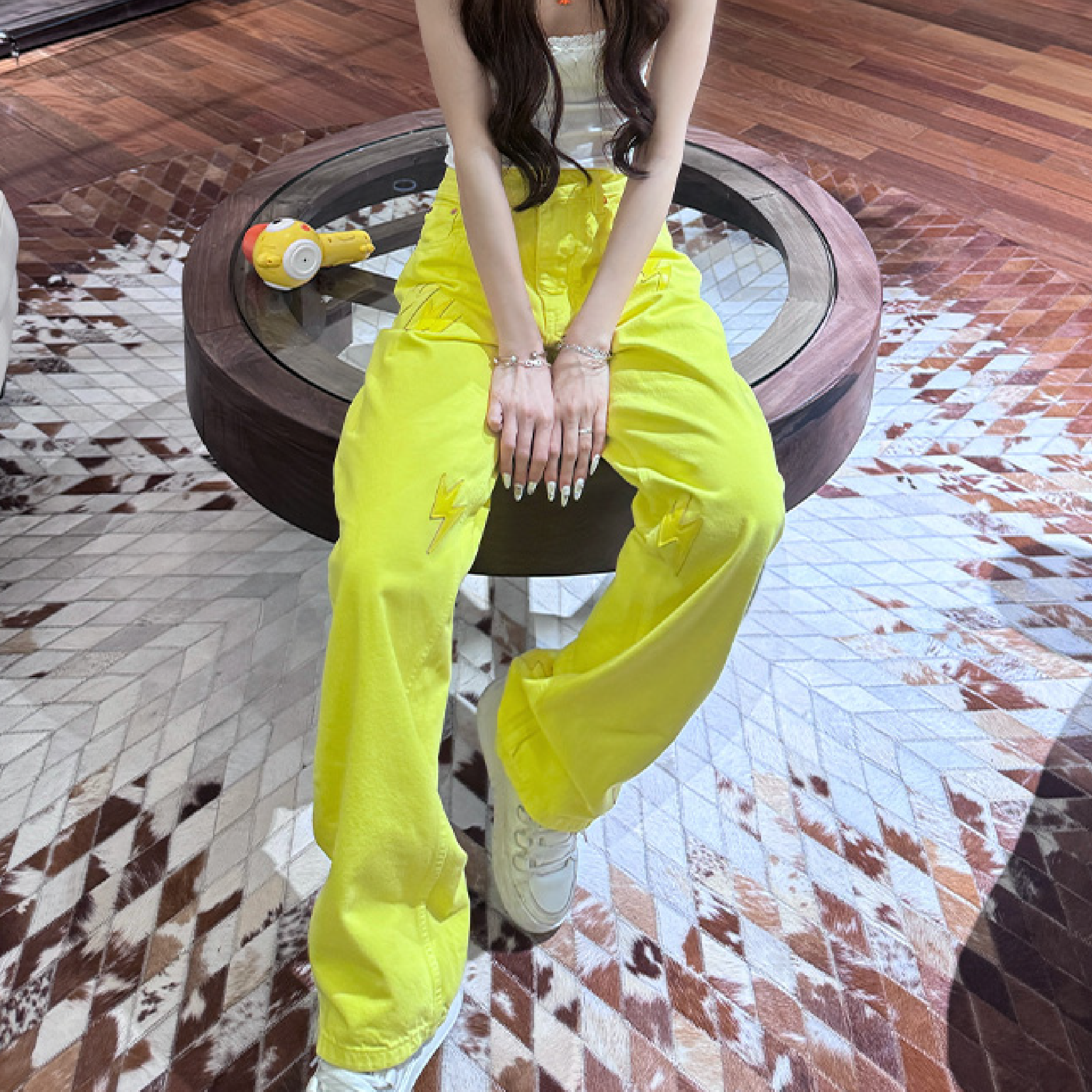 Women Lightning Bolt Jeans Yellow