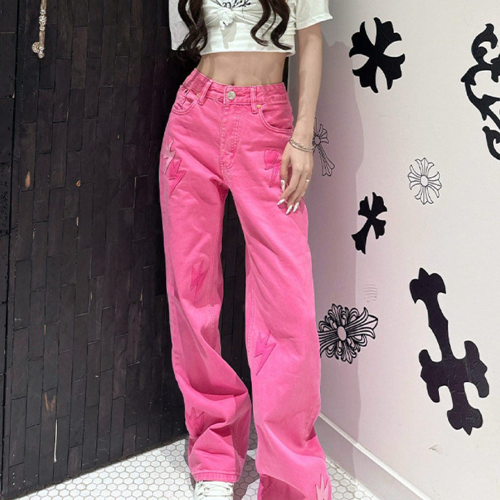 Women Lightning Bolt Jeans Pink