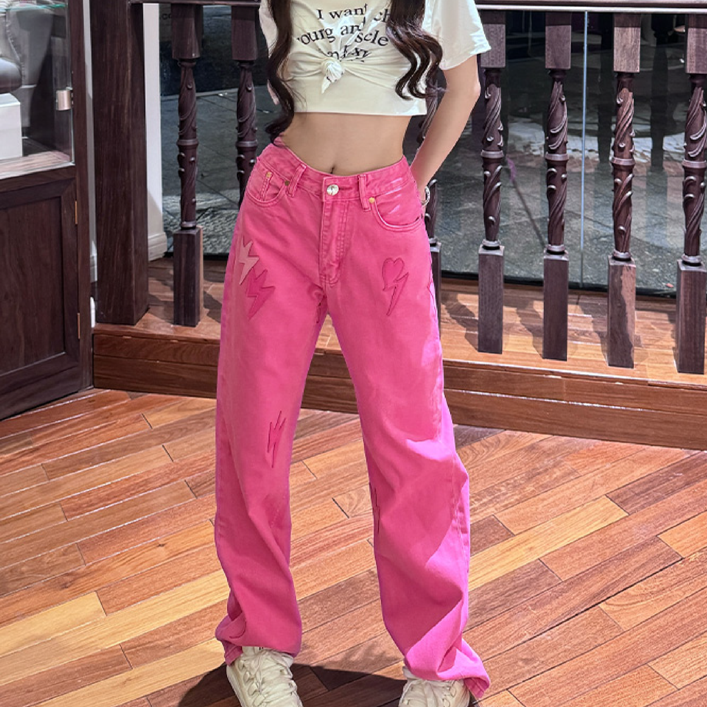 Women Lightning Bolt Jeans Pink