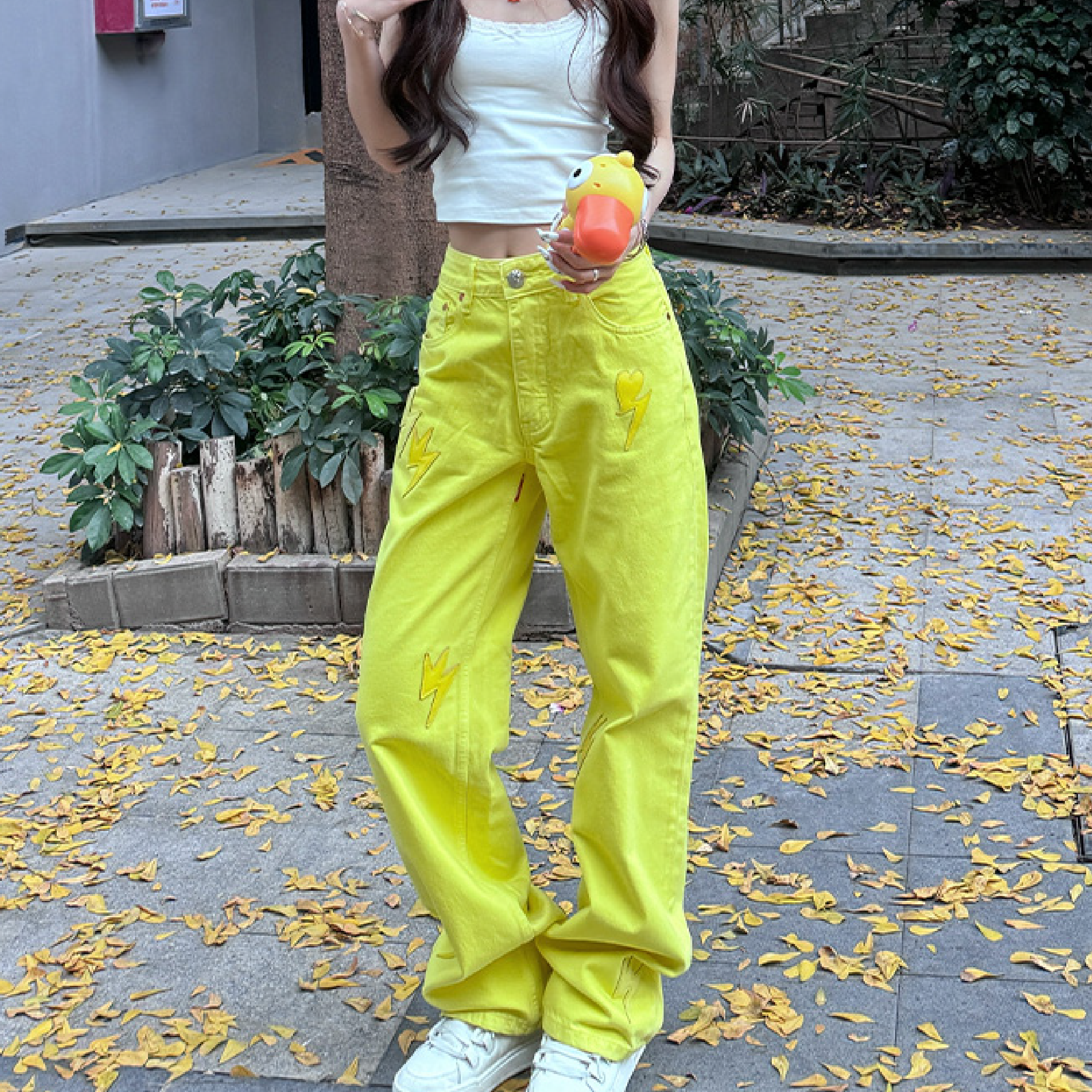 Women Lightning Bolt Jeans Yellow