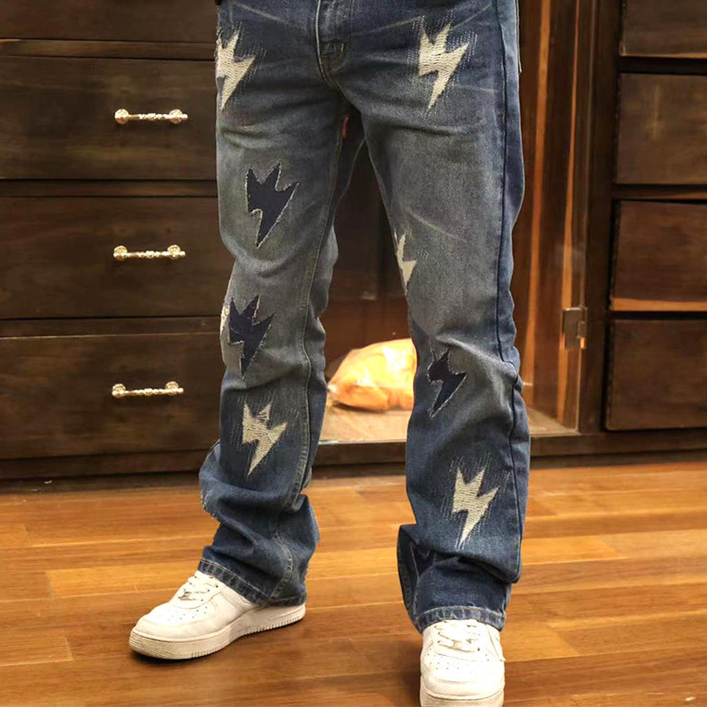 Unisex Lightning Bolt Jeans Medium Wash