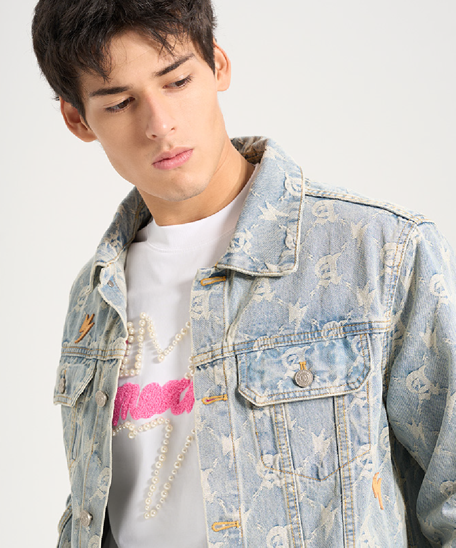 Unisex Full Print Logo Denim Jacket Light Blue