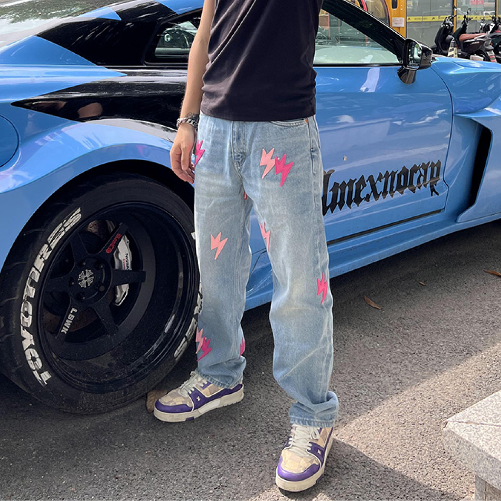 Unisex Pink Lightning Bolt Jeans Blue