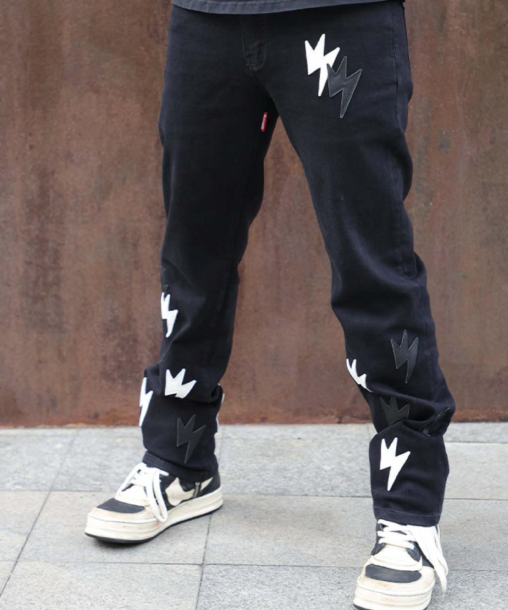 Unisex Lightning Bolt Staight Leg Jeans Black