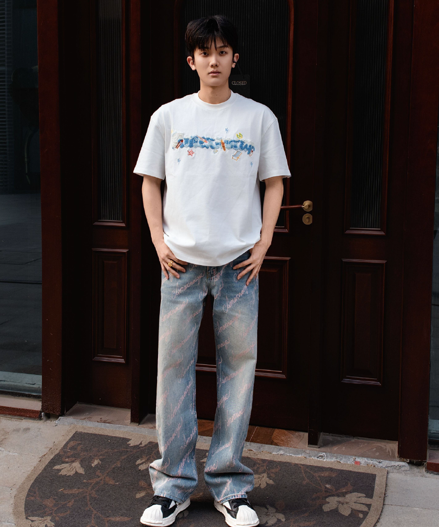 Unisex Full Print Logo Jeans Light Wash