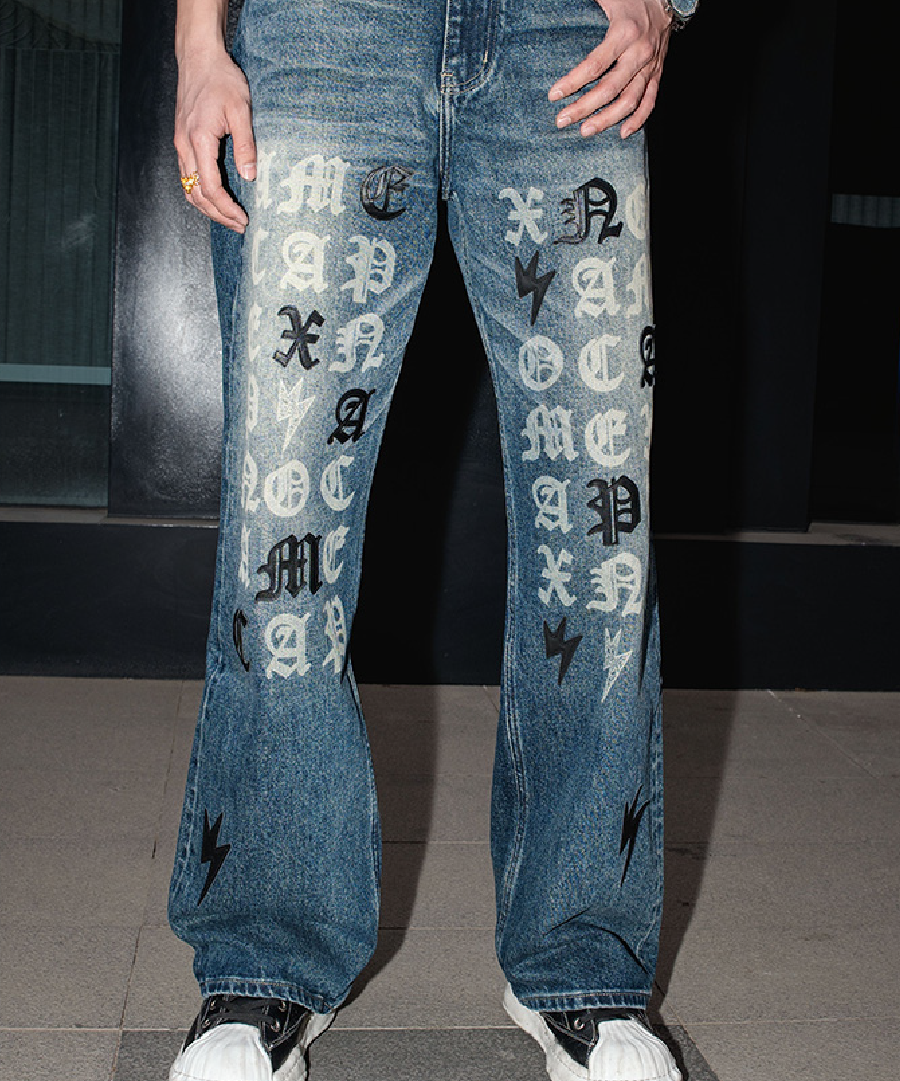 Unisex Logo Print Jeans Vintage Wash