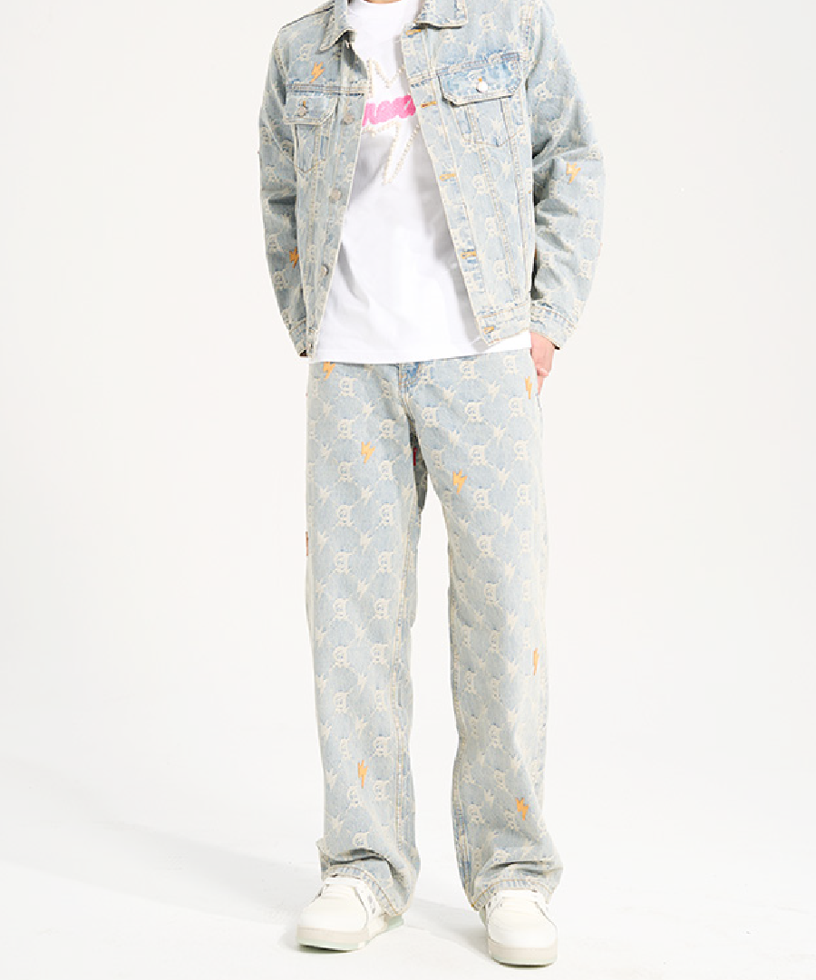 Unisex Full Print Logo Jeans Light Blue