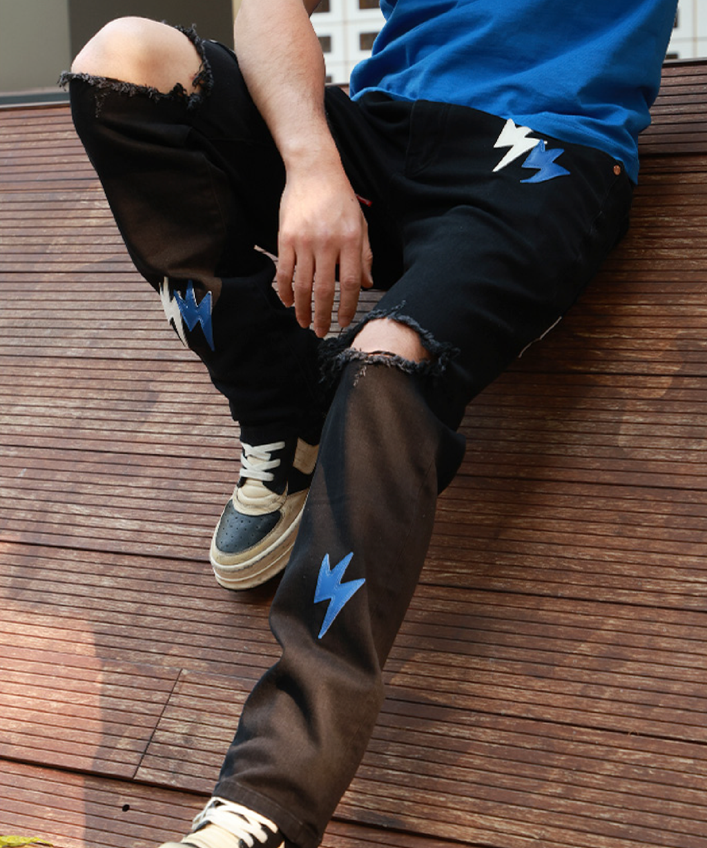 Unisex Lightning Bolt Ripped Jeans Black