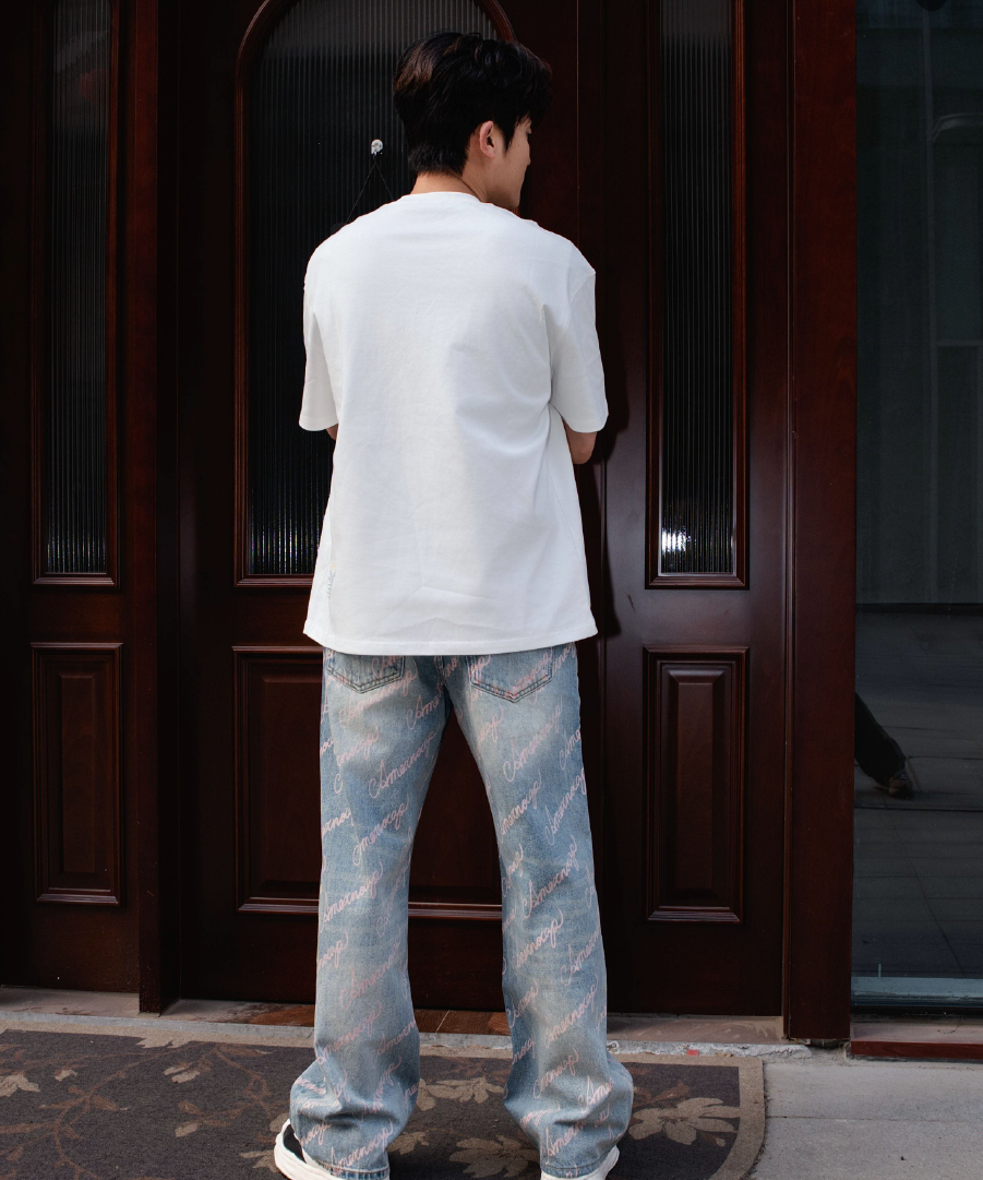 Unisex Full Print Logo Jeans Light Wash