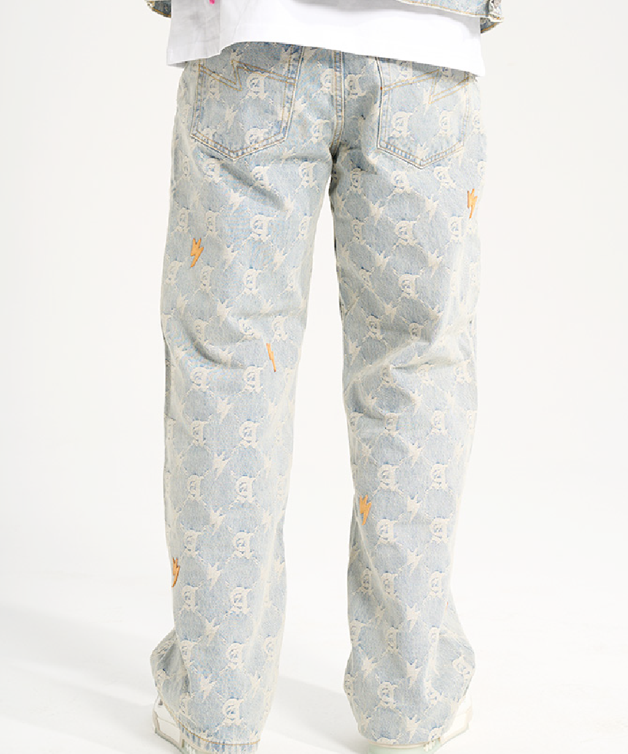 Unisex Full Print Logo Jeans Light Blue